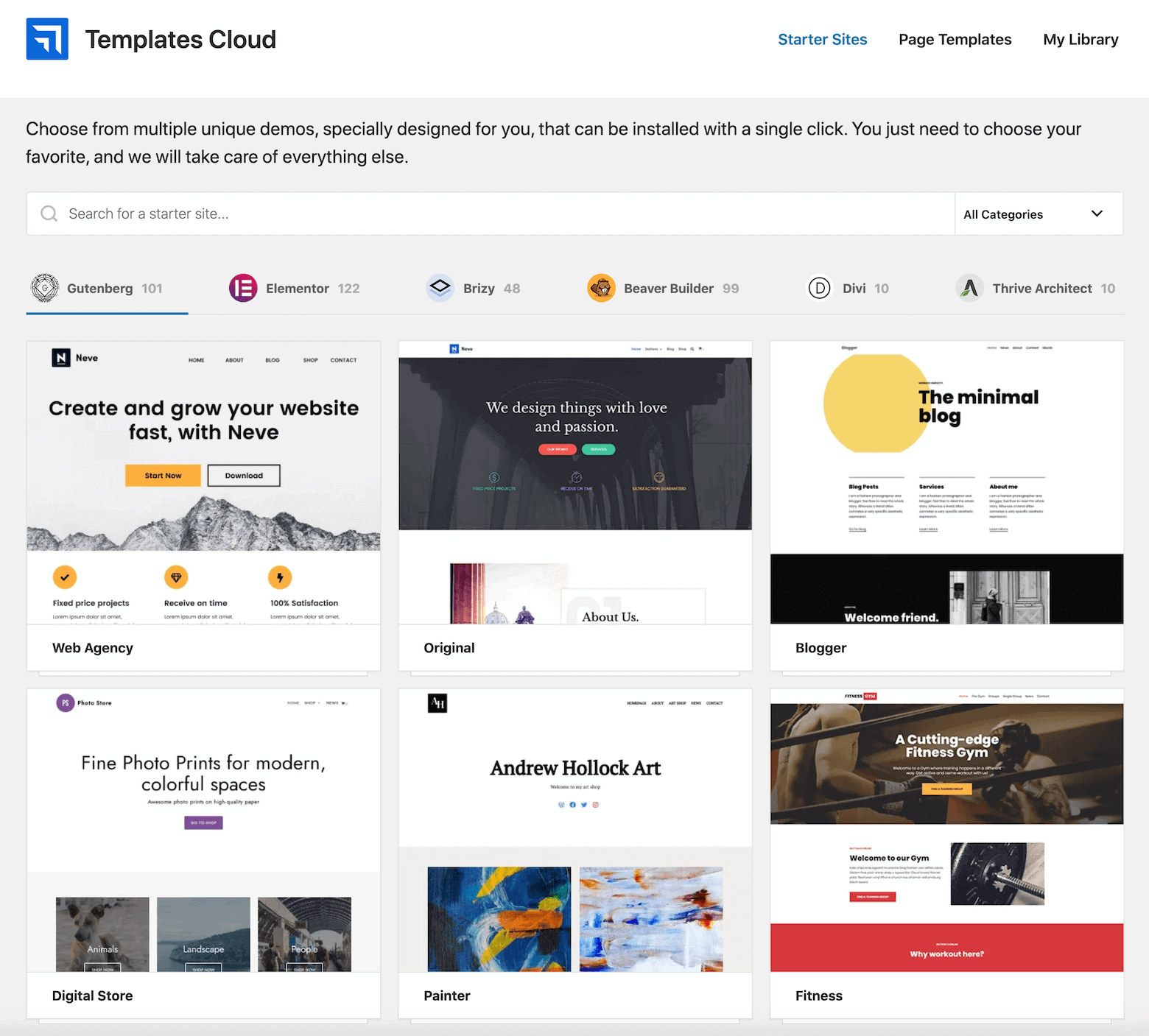 Templates Cloud with Starter Sites of Neve Pro